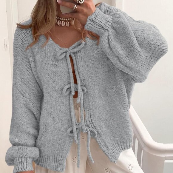 Women's Tie Front Bow Cardigan Sweaters Chunky Knit Long Puff Sleeve Trendy Fall - Picture 8 of 8